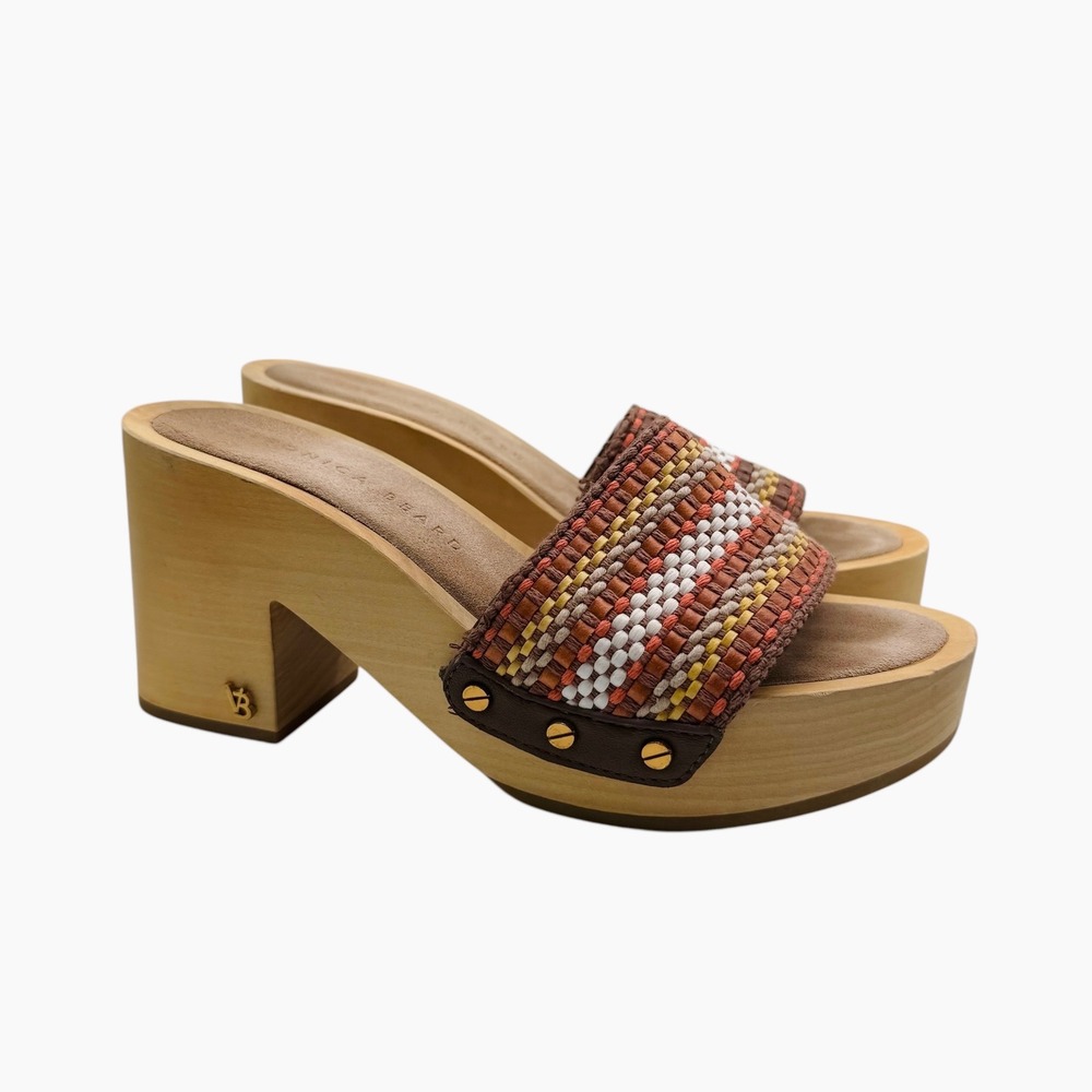 Veronica Beard Wooden Platform Slide Clogs Woven‎ Tan Multi Color Size 6M